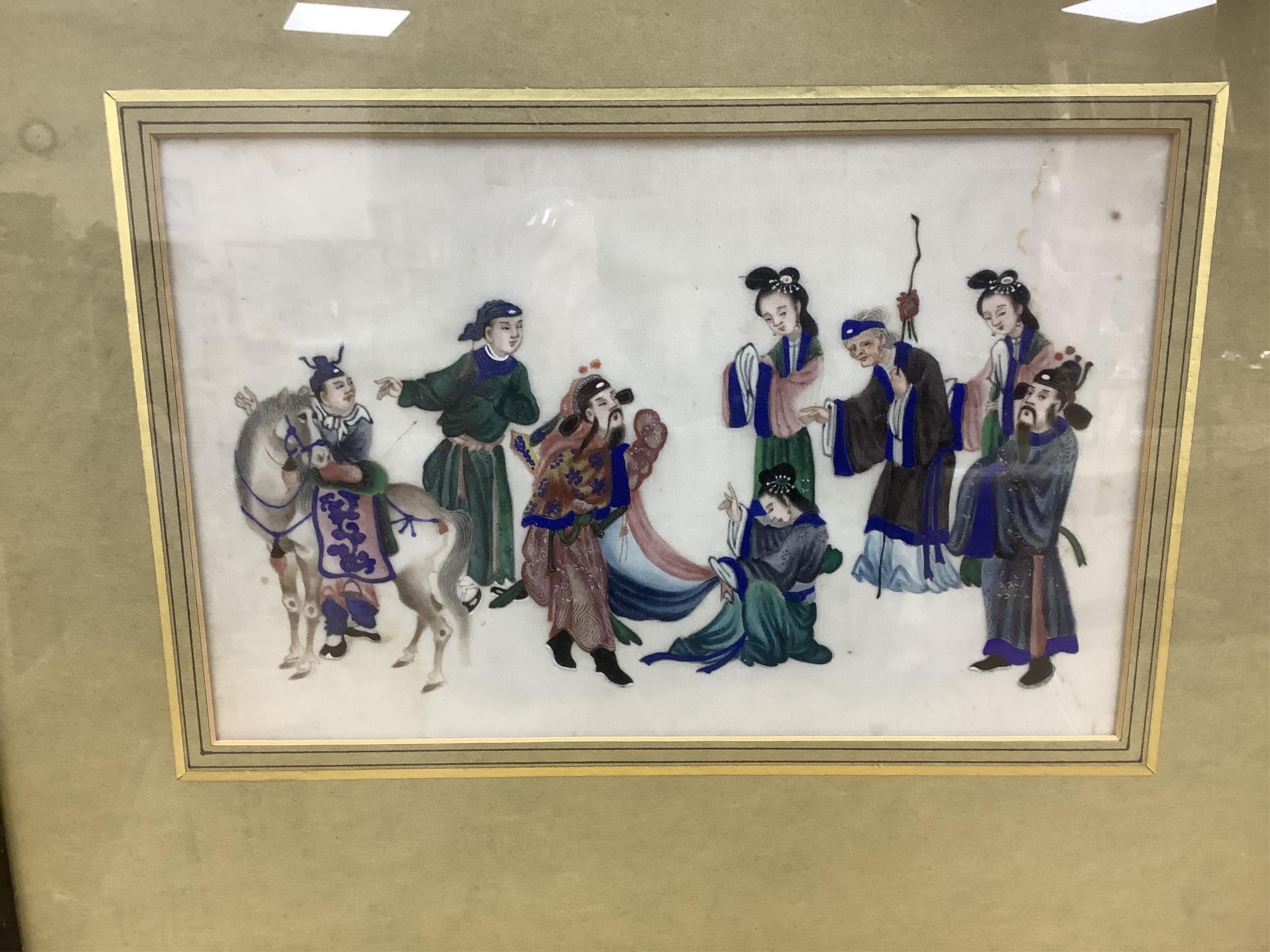 A collection of Chinese and Japanese paintings to include; a pair of Chinese pith paper paintings and Japanese woodblock prints, largest 18 x 30cm. Condition - varies, mostly fair